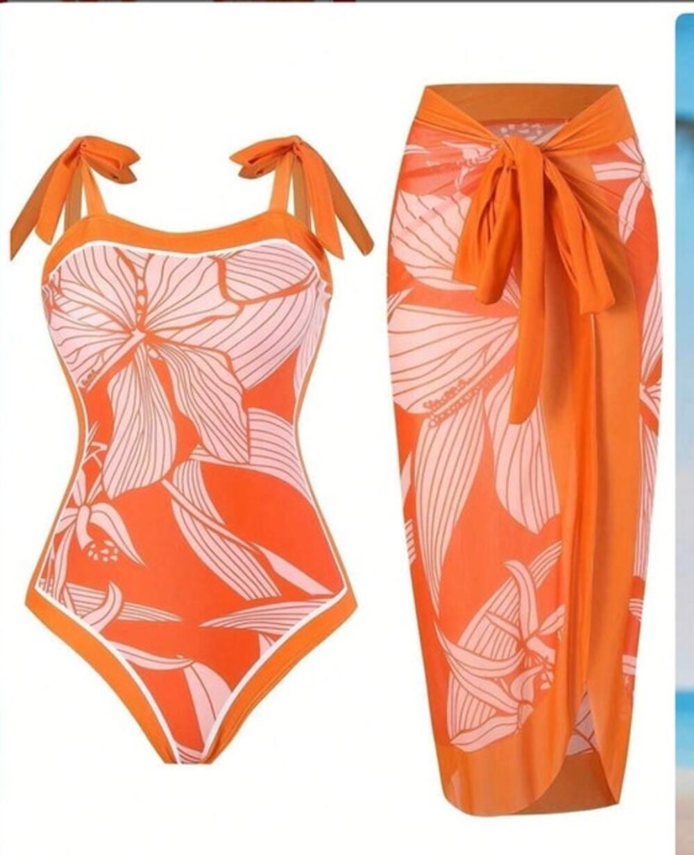 NWOT Orange Tropical Floral One Piece Swimsuit & Sarong Set Size M Resort